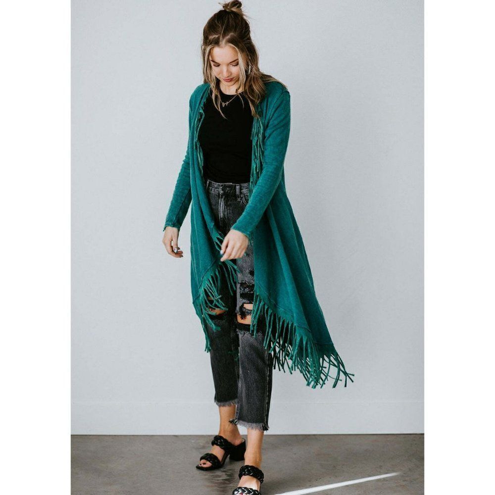 Blue Buttercup Turquoise Mineral Wash Duster Cardigan Fringe Western S-L KJ82839
